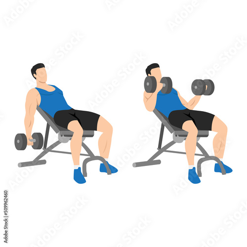 Man doing incline dumbbell curl. Flat vector illustration isolated on different layers. Workout character