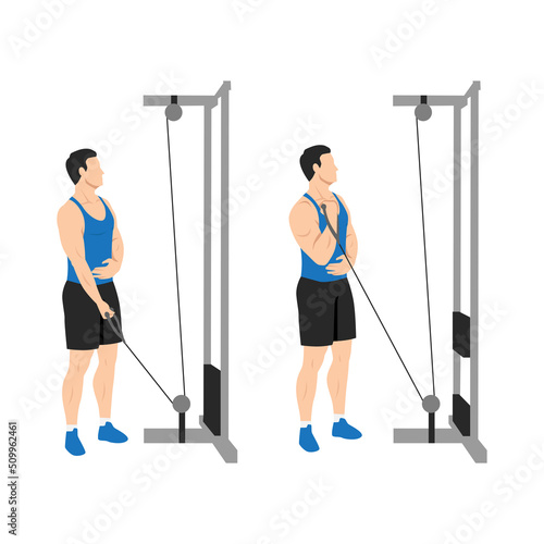 Man doing Single arm low pulley cable. Flat vector illustration isolated on different layers. Workout character