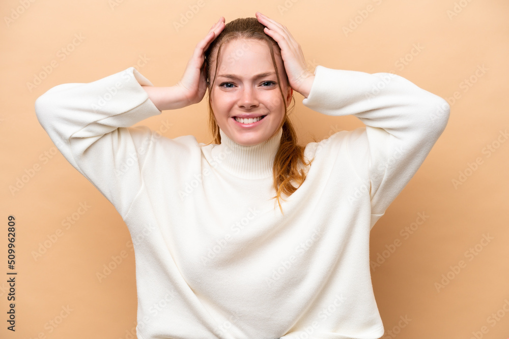 Young caucasian woman isolated on beige background doing nervous gesture Young caucasian woman isolated on beige background doing nervous gesture