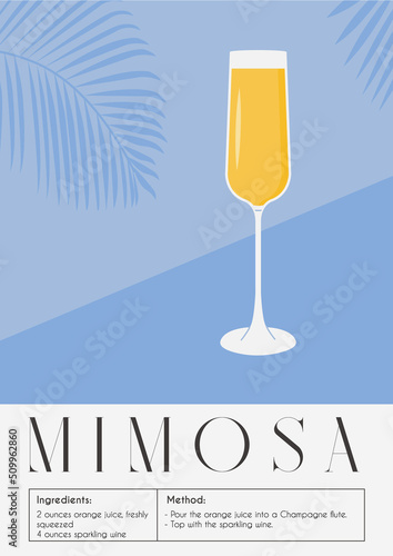 Mimosa Cocktail in champagne glass. Summer aperitif recipe with orange juice and prosecco. Mixology minimalist simple vertical print. Alcoholic beverage on background. Vector flat style illustration.