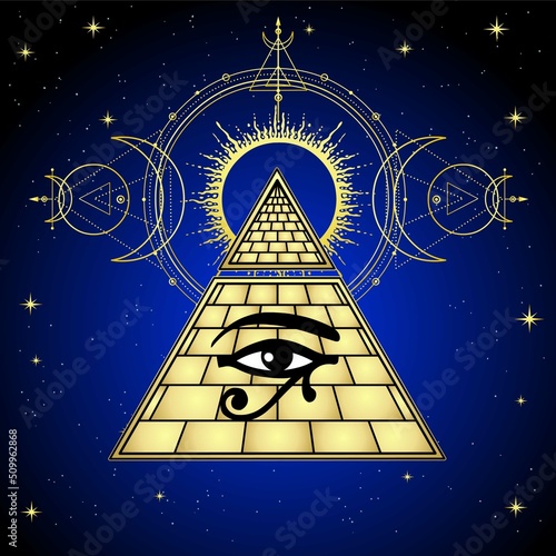 Animation color drawing: symbol of  Egyptian pyramid, all-seeing eye of Horus, Sacred geometry. Imitation of gold. Background - night starry sky. Vector illustration. 