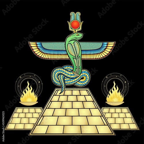 Animation color drawing: God Apop (Sacred winged Serpent) sits atop the pyramid. Ritual fire. Vector illustration isolated on a black background. Imitation of gold.  photo