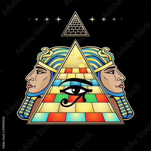 Animation color drawing: symbol of  Egyptian pyramid, eye of Horus, profile of the pharaoh. Vector illustration isolated on a black background. Print, poster, t-shirt, tattoo.