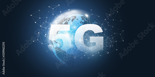 5G Network Label with Earth Globe and Polygonal Mesh Background - High Speed, Broadband Mobile Telecommunication and Wireless Internet Design, Cutting Edge Global Mobile Technology Concept