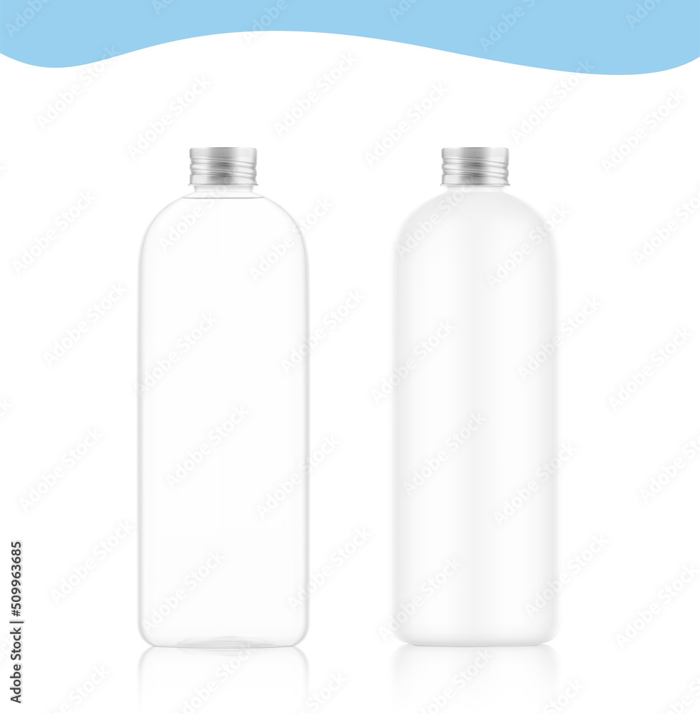 Glass and plastic bottle with metal screw cap mockup. Vector illustration isolated on white background. EPS10. Glass and plastic bottle with metal screw cap mockup. Vector illustration isolated on white background. EPS10.