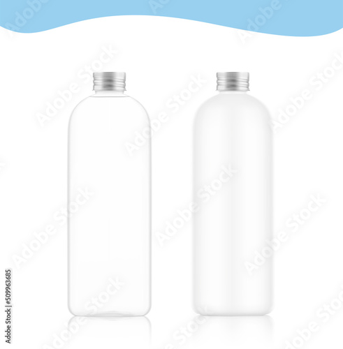 Glass and plastic bottle with metal screw cap mockup. Vector illustration isolated on white background. EPS10.