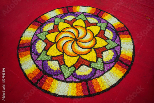 Closeup of an Onam pookalam or Athappokkalam,( floral carpet)typical flower decoration of Kerala photo