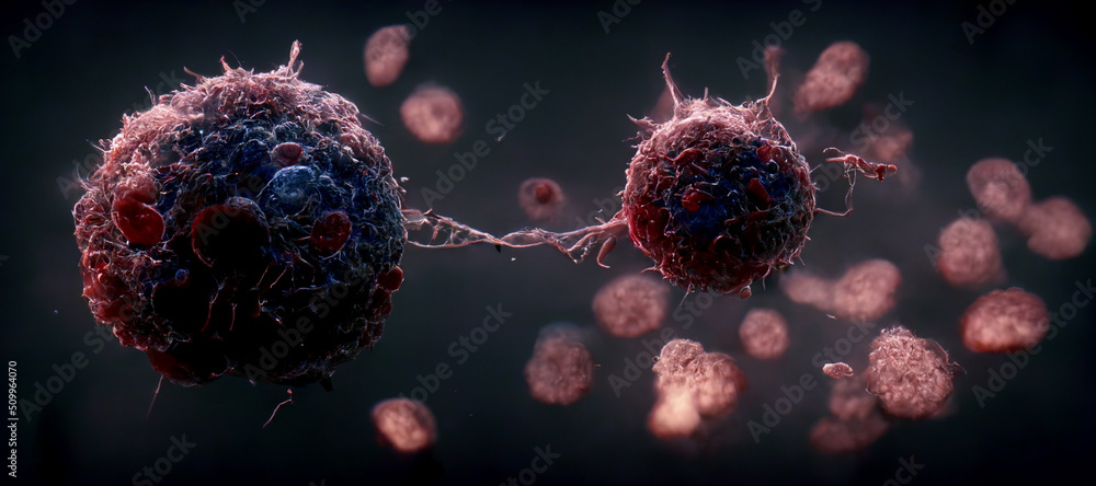 Cancer Cells dividing, tumor growth, T-Cells immunotherapy,  oncology concept, cancer treatment, personalized therapy  3d rendering - obrazy, fototapety, plakaty 