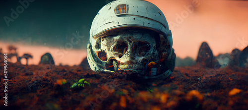 Fotografia Astronaut skull inside astronaut helmet on an alien world, future space explorat