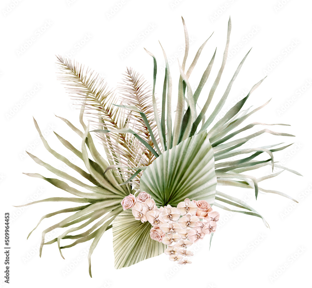 Watercolor boho bouquet with hand painted tropical green dried palm leaves, branches of pampas and  flowers. Romantic floral bohemian arrangement perfect for wedding invitation and stationery
