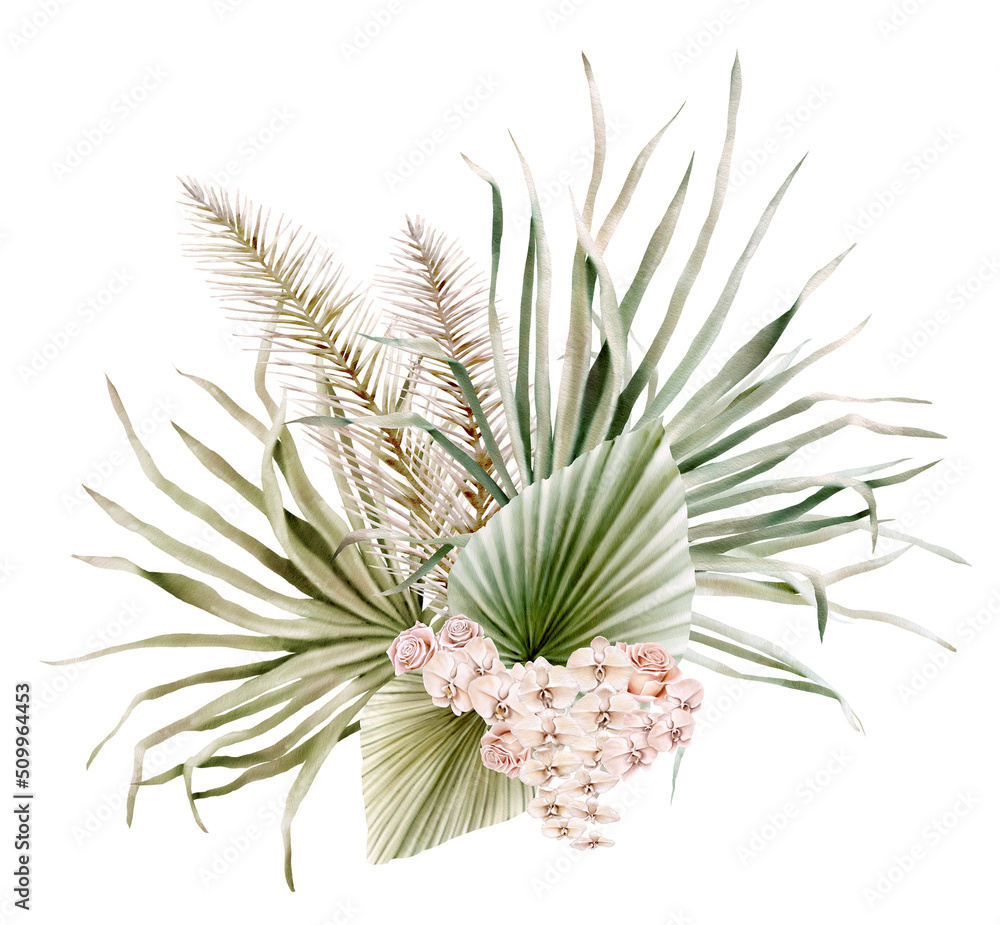 Obraz premium Watercolor boho bouquet with hand painted tropical green dried palm leaves, branches of pampas and flowers. Romantic floral bohemian arrangement perfect for wedding invitation and stationery