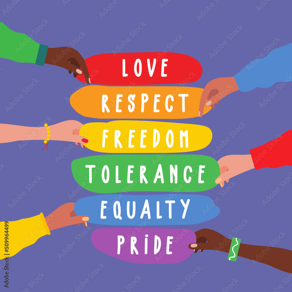 Diverse people hands holding clouds with love, respect, freedom, tolerance, equality and pride
