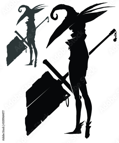 A black silhouette of a teenage boy or girl, he stands with a huge inhuman-sized broken sword. 2d isolated vector art photo