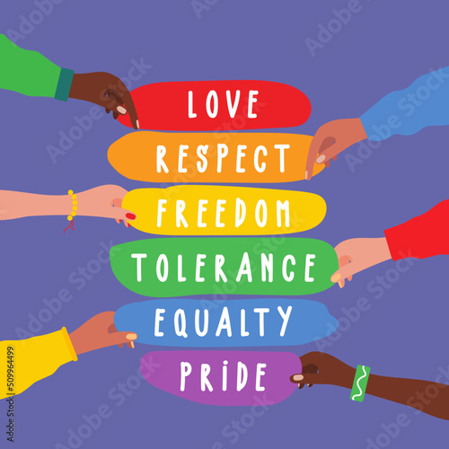 Diverse people hands holding clouds with - love, respect, freedom, tolerance, equality and pride text. Happy pride month on ribbon rainbow. New Social Justice. June Pride Parade banner of LGBTQ+ Queer
