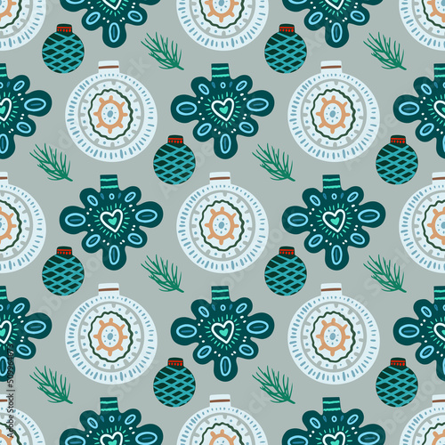 Vector Christmas seamless pattern with pine cones, balls, Christmas decorations, Christmas decorations. Vintage holiday repeated texture with new year toys and decoration.
