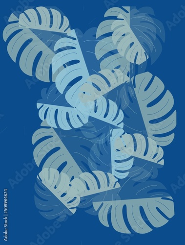 Vertical illustration, blue textured leaf on marine blue background