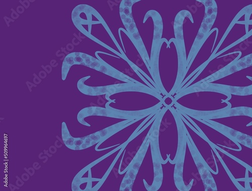 Horizontal illustration, blue doted ornamental flower on purple background