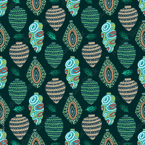 Vector Christmas seamless pattern with pine cones, balls, Christmas decorations, Christmas decorations. Vintage holiday repeated texture with new year toys and decoration.
