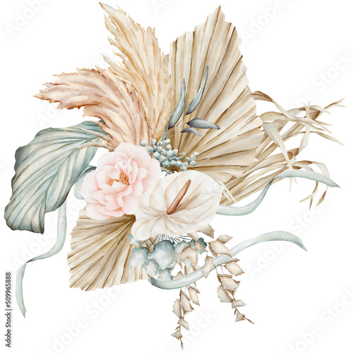 Watercolor cold tones tropical leaves and pampas grass arrangement. Green and beige palm leaves floral bohemian bouquet