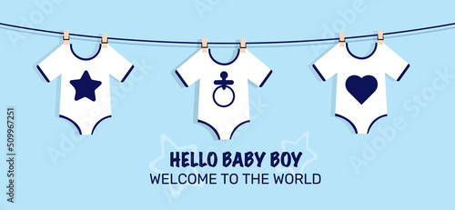 its a boy welcome greeting card for childbirth vector illustration hanging bodysuits