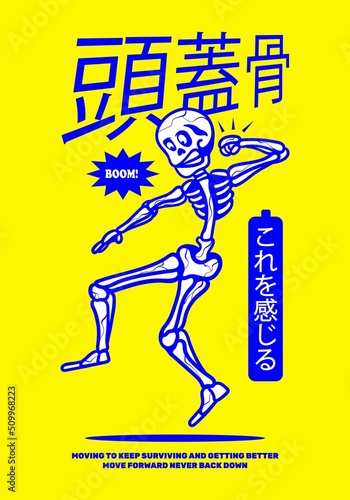 Illustration skeleton hitting with blue and yellow background