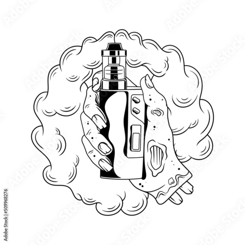 Vape smoke hand zombie black and white vector logo illustration