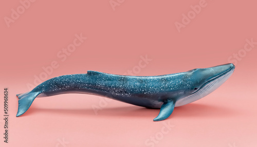 The whale is viewed from the side on a pink background. Coral