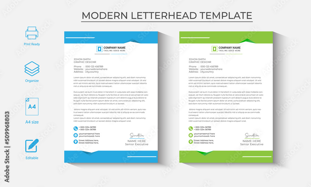 corporate modern letterhead design template with blue, green color. creative modern letter head design template for your project. letterhead, letter head, Business letterhead design.