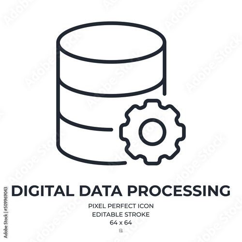 Digital data processing editable stroke outline icon isolated on white background flat vector illustration. Pixel perfect. 64 x 64.