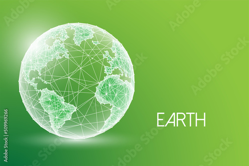Concept of environmental conservation with planet earth globe in futuristic glowing style on green