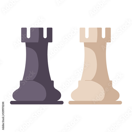 Black and white chess pieces, rook. Modern figures of boardgame. Chess figures for strategy board game, leisure activity, mind sport. Flat vector illustration isolated on white background
