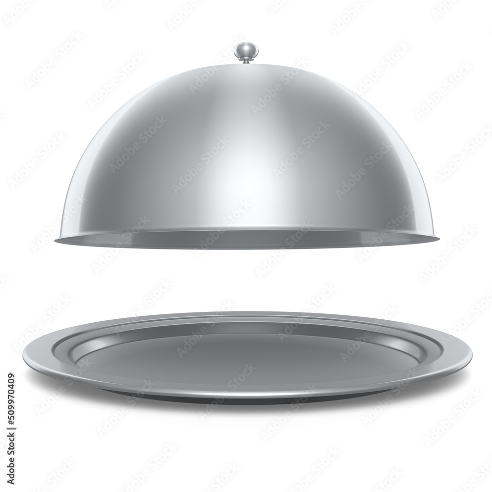 Silver tray with cloche ready to serve isolated on white background Silver tray with cloche ready to serve isolated on white background