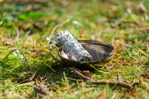 occult science and supernatural concept - close up of white sage in cup for magic ritual in forest photo