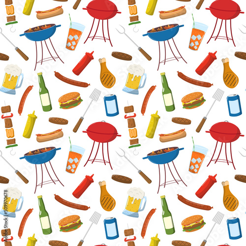 Cartoon barbecue party seamless pattern with barbecue equipment, drinks, and hot roasted food. Isolated on white background. Grilled meat, and sausage in flat cartoon style.