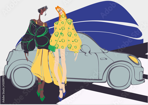 Fashionable girls on the background of the car. Street style. International friendship. Colorful street fashion illustration. Street fashion girl. Vector magazine illustration. Fashion illustration.