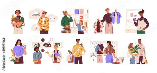 People shoppers choosing goods in retail stores set. Customers deciding what to buy. Buyers making different purchases  clothes  food. Flat graphic vector illustrations isolated on white background