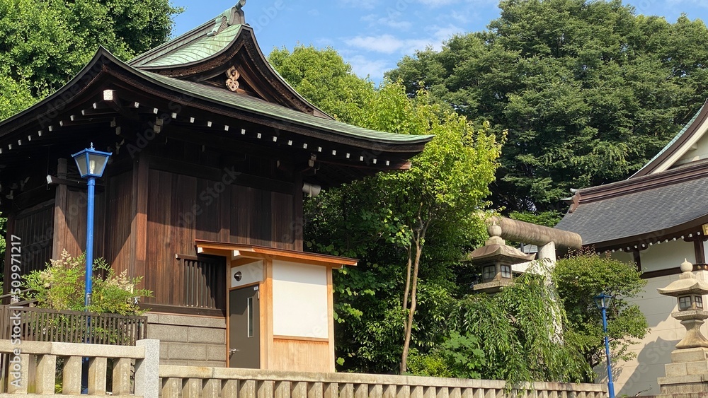 The green roof traditional shrine house of Japan, “Gojyoten Jinjya”, clear blue sky June 10th year 2022 The green roof traditional shrine house of Japan, “Gojyoten Jinjya”, clear blue sky June 10th year 2022