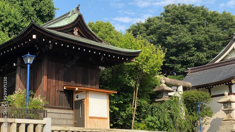 The green roof traditional shrine house of Japan, “Gojyoten Jinjya”, clear blue sky June 10th year 2022 The green roof traditional shrine house of Japan, “Gojyoten Jinjya”, clear blue sky June 10th year 2022