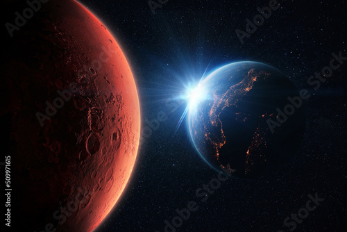 Fototapeta Naklejka Na Ścianę i Meble -  New Space Mission. Amazing red planet Mars and Beautiful blue planet earth with the lights of the sun. Space Wallpaper and Journey to Mars
