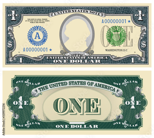 Fictional template obverse and reverse of US paper money. One dollar banknote. Empty oval and guilloche frames. Washington