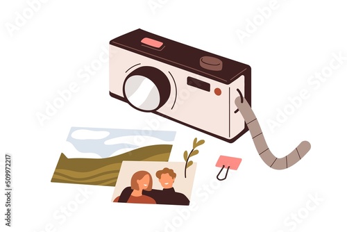 Photo camera, pictures composition. Photographs images and photographic equipment. Creative hobby, photography art concept. Memory shots. Flat vector illustration isolated on white background