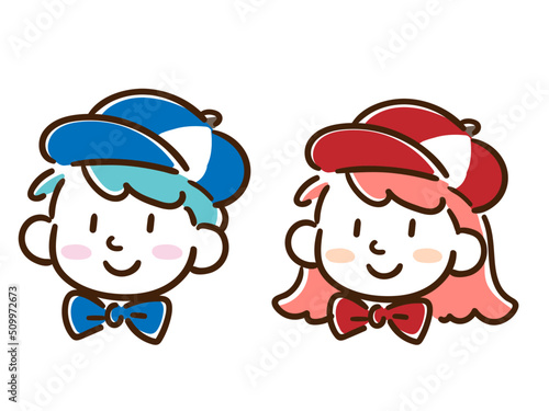 愉快な制服を着る男女の若いスタッフのデフォルメイラスト