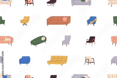 Sofas, armchairs pattern. Seamless background with retro-styled lounge furniture. Repeating print design with trendy mid-century couches, divans, chairs. Colored flat graphic vector illustration