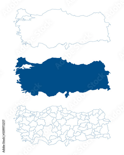 Turkey map. Detailed blue outline and silhouette. Administrative divisions and provinces. Set of vector maps. All isolated on white background. Template for design and infographics.