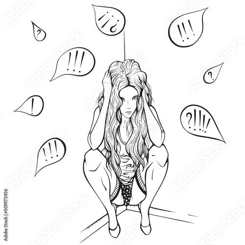 Vector illustration of sad or depressed woman sitting cornered. The concept of the pressure of public opinion, bullying. Mental health, problems, failures. Line art hand drawn sketch style.