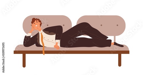 Happy office worker relaxing, dreaming. Man clerk lying on sofa, daydreaming. Employee dreamer. Funny businessman resting on couch. Flat graphic vector illustration isolated on white background