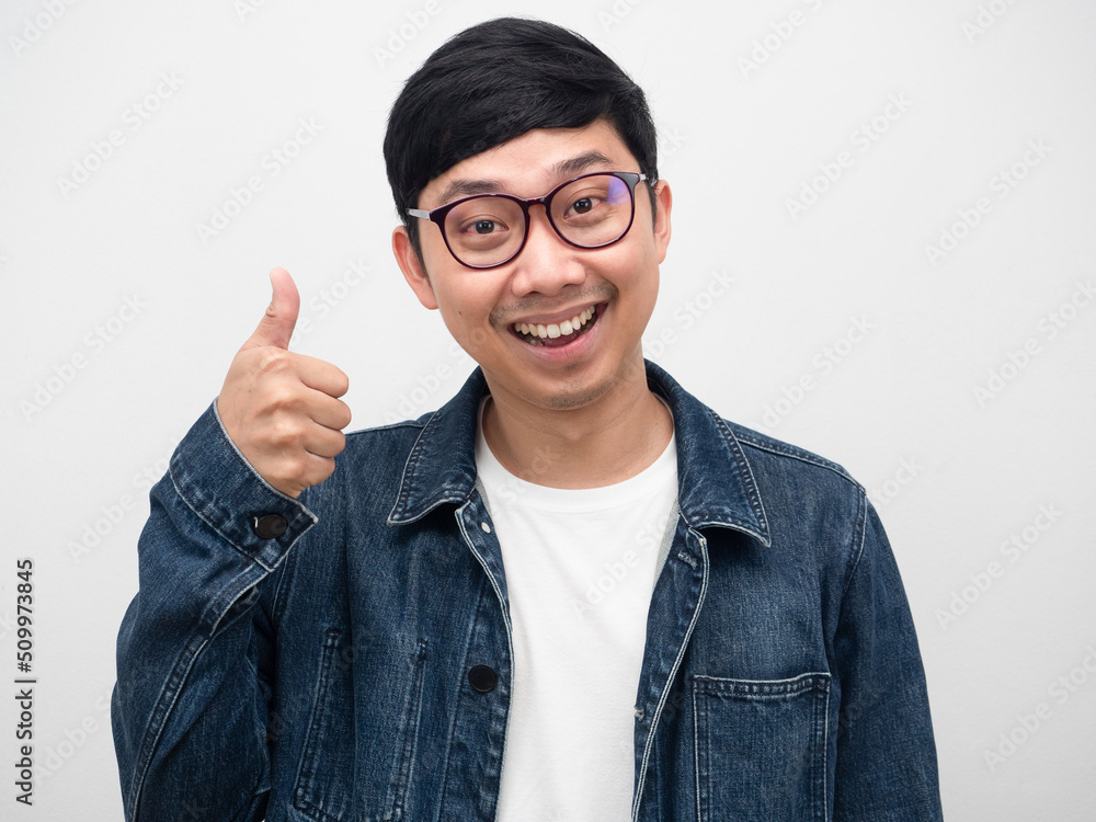 Man jeans shirt smiling and thumb up isolated,Glasses man cheerful portrait Man jeans shirt smiling and thumb up isolated,Glasses man cheerful portrait