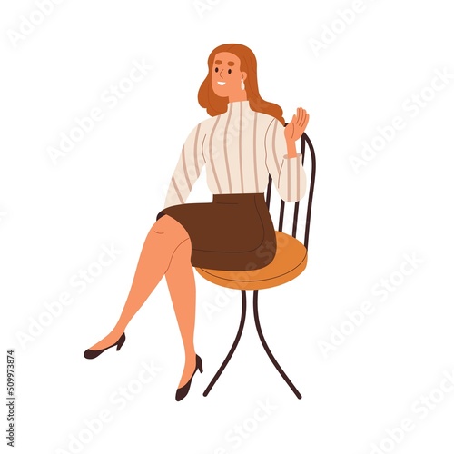 Young woman employee sitting in chair. Office worker greeting smb with hi hand gesture, saying hello. Happy businesswoman in skirt, blouse. Flat vector illustration isolated on white background