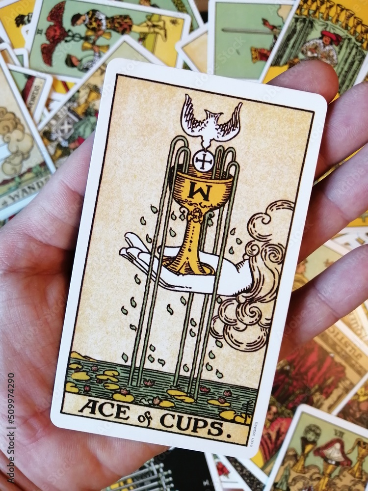 Picture of the Ace of Cups tarot card held in hand from the original Ride Waite tarot deck with mixed tarot cards in the background