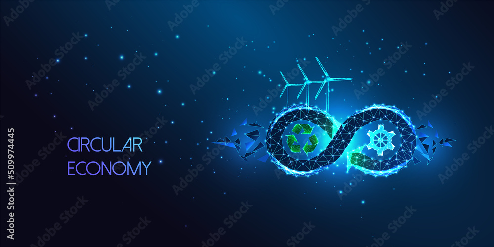 Concept of circular economy with infinity loop, wind turbines, recycle sign, gear on blue background - obrazy, fototapety, plakaty 